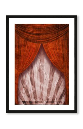 Retro revival sunbeam poster background behind red curtains
