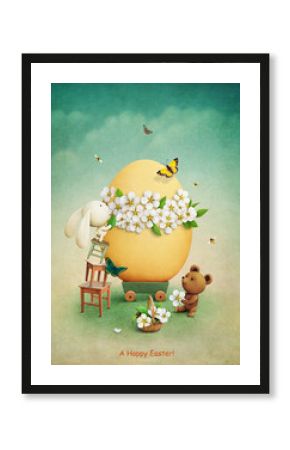 Greeting card or illustration with teddy bear and bunny decorating easter egg flowers