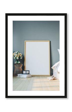 Cozy bedroom with empty poster frame. Frame mockup in interior.