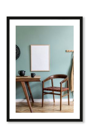 Stylish scandinavian dining room interior with mock up poster frame, wooden table, furniture, teapot with cups, black decoration and elegant accessories. Ready to use. Template. Modern home decor.