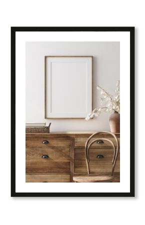 Mockup frame in farmhouse living room interior, 3d render