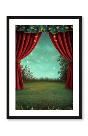 Vintage circus stage with red velvet curtains and golden stars vibrant grass and whimsical illustration style symmetrical composition warm lighting nostalgic atmosphere