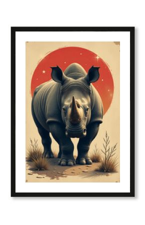 vintage style poster featuring black rhinoceros canvas wall