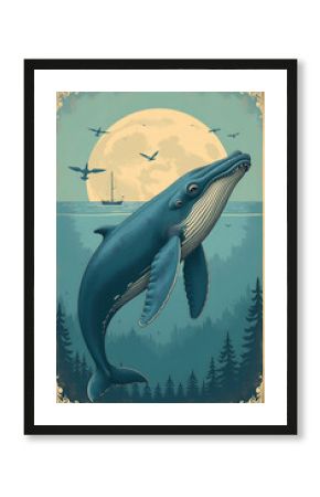 vintage style poster featuring blue whale canvas wall