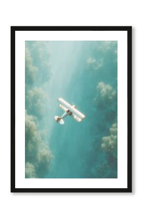 Nostalgic Aerial Dreamscape Vintage Biplane Soaring Through Ethereal Teal Cloudscape - Retro Aviation Art and Cinematic Storytelling Inspiration