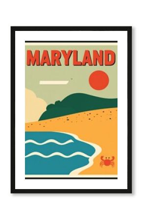 Vintage maryland travel poster with beach scene and red sun