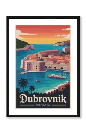 Vintage Travel Poster of Dubrovnik Coastline, Croatia