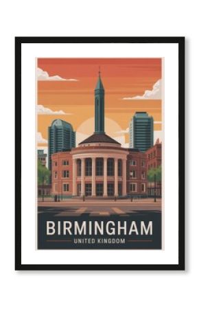 Vintage Travel Poster of Birmingham City Skyline, United Kingdom