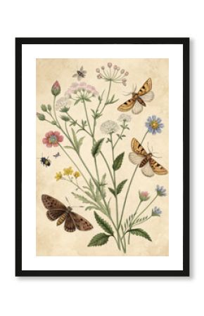 Antique Botanical Poster with Moths and Wildflowers  