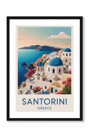 Vintage Travel Poster of Santorini Clifftop Houses and Blue Domes, Greece  