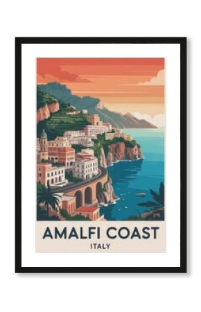 Vintage Travel Poster of Amalfi Coast Cliffside Seaside Town, Italy  