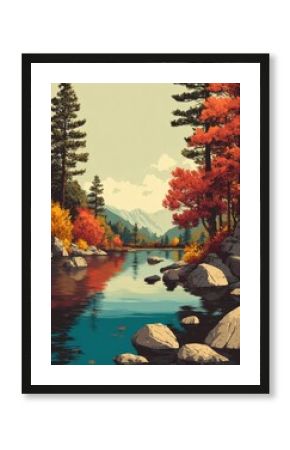 Autumn landscape with a tranquil lake, surrounded by trees and rocks, rendered in vintage poster style with numbered paint-by-numbers design on white background.