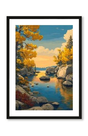 Autumn forest landscape with vibrant yellow foliage, rocks, and trees surrounding a peaceful lake under a warm sunset sky in vintage poster style.