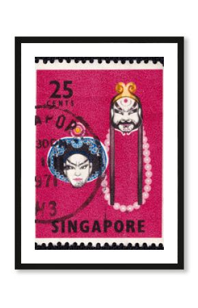 Traditional masks of Singaporean actors on a 1968 Singapore postage stamp.Traditional Dances and Musical Instruments Series.