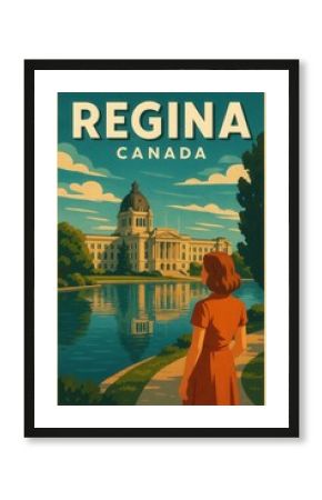 Vintage-style poster of Regina showing a woman standing near a lake path gazing at the domed Saskatchewan Legislative Building surrounded by greenery and reflections