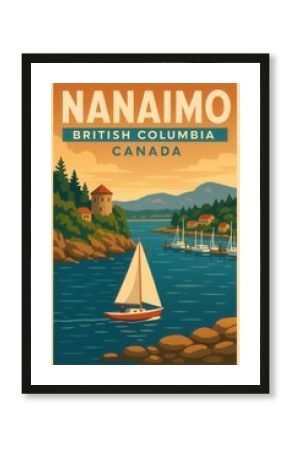 Vintage travel poster featuring a sailboat gliding past a stone harbour house and moored yachts in Nanaimo British Columbia Canada waterfront under a dawn sky with distant hills