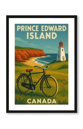 A scenic view of Prince Edward Island coastline with a lighthouse on a grassy hill, red cliffs, a sandy beach and a bicycle parked in the foreground under clear blue skies