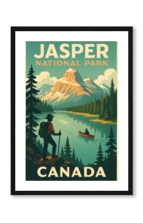 Illustrated travel poster of Jasper National Park in Alberta, Canada showing a hiker overlooking a mountain lake with a canoeist paddling across the calm water