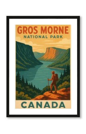 Illustrated hiker overlooking the fjords of Gros Morne National Park in Canada surrounded by cliffs, forested slopes and winding blue water under golden sky