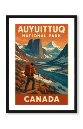 Vintage travel poster of a solo hiker with backpack standing on rocky terrain overlooking a glacial river winding through steep cliffs in Auyuittuq National Park Canada