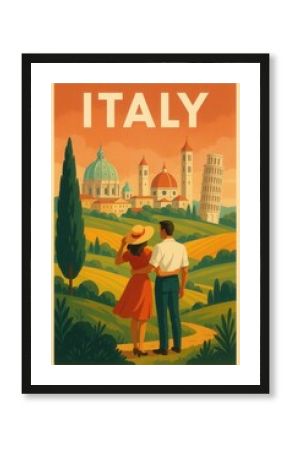 Illustration of Italy travel poster with couple embracing in countryside overlooking domes and Leaning Tower of Pisa under warm sunset sky