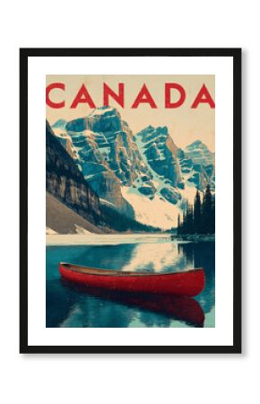 Vintage travel poster of Canada with Banff National Park, snowy peaks, frozen lake, red canoe and retro faded illustration style