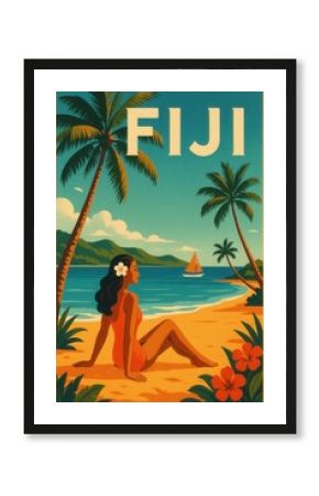 Tropical Fiji illustration with woman sitting on sandy beach in swimsuit, sailboat on calm blue water, distant hills, palm trees and red hibiscus flowers