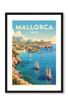 vintage travel poster of Mallorca, Spain, with sailing ships, beach and town near by the sea