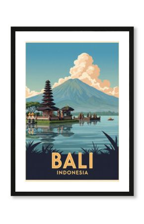 vintage travel poster of Bali, Indonesia, with mountain landscape and temple over the lake. 