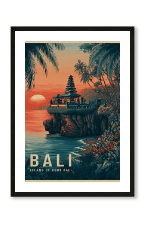 Bali temple on seaside cliff at sunset with tropical jungle in vintage travel poster style