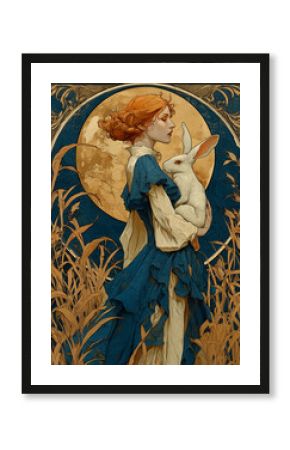 Fantasy girl with rabbit under full moon, art nouveau vintage style   