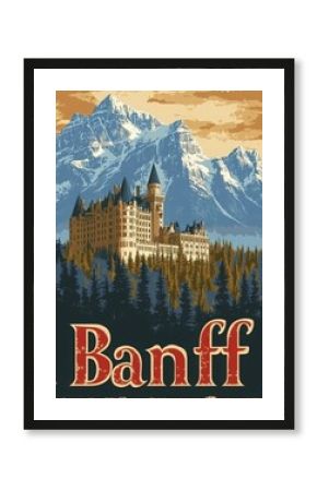 This vintage travel poster captures the essence of Banff, showcasing its stunning mountains and the iconic castle.