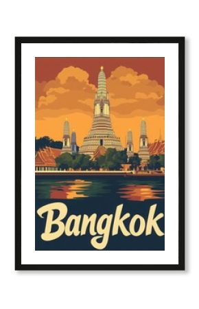 This vintage travel poster showcases Bangkoks iconic skyline at sunset, featuring ornate architecture, vibrant colors, and a serene riverside view.