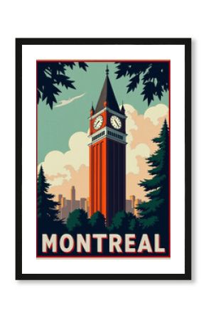 Illustrated vintage style poster depicting Montreal's iconic clock tower with a scenic skyline in the background. Captures the essence of city nostalgia and architectural beauty.