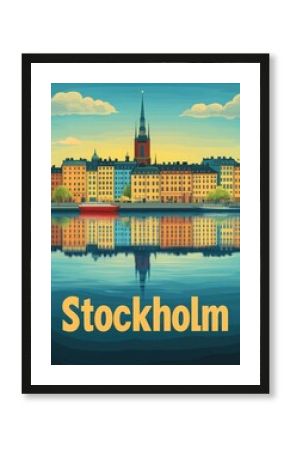 This vintage travel poster showcases the beauty of Stockholms waterfront, featuring colorful buildings reflecting in the water, with a prominent spire rising above the skyline.
