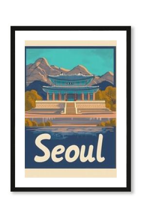 Experience the charm of Seoul through this vintage travel poster, highlighting traditional architecture amidst stunning natural landscapes, inviting exploration and adventure.