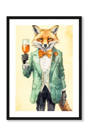 A fox, dressed sharply in a suit, raises a glass of wine