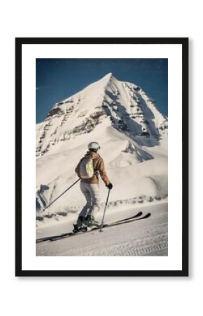 Nostalgic vintage skiing poster showcasing a retro skier enjoying the slopes in a breathtaking mountain landscape. Generative AI