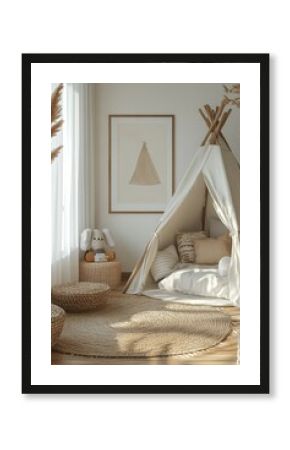 Mock up frame close up in children room with natural wooden furniture, 3D render, Generative AI