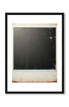 Old Polaroid photo paper with empty black black  and dusts and scratches on transparent background, png image
