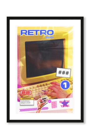Creative design. Retro-styled poster with vintage computer monitor and keyboard. Bold colors and 90s-inspired typography. Concept of 90s aesthetic, nostalgia, technology. Retro-theme ad