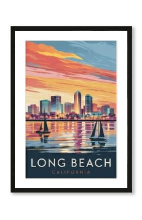 Vintage Travel Poster of Long Beach, California: A Colorful Sunset Over the Skyline with Sailboats on the Tranquil Waters, Capturing Coastal Charm