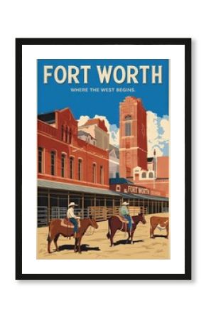 Vintage Travel Poster of Fort Worth: A Nostalgic Depiction of Western Charm with Cowboys, Historic Architecture, and a Promise of Adventure
