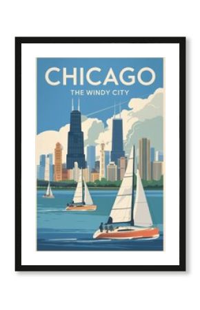 Vintage Travel Poster of Chicago: The Windy City, Featuring Sailboats on Lake Michigan with Iconic Skyline and Vibrant Colors, Perfect for Travel Enthusiasts