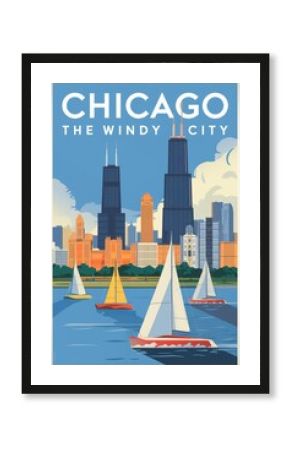 Vintage Travel Poster: Explore Chicago, The Windy City, Featuring Iconic Skyline and Sailboats on the Lake, Evoking Nostalgic Adventure and Wanderlust.