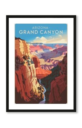 Vintage Travel Poster of Arizonas Grand Canyon: Iconic Landscape with Vibrant Colors, Majestic Cliffs, and Scenic River Views Evoking Adventure and Exploration