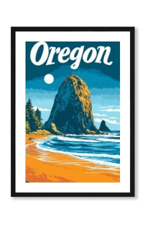 colorful vintage style travel poster of Oregon state USA, illustrative style, Haystack Rock inspiration  seascape, coastine,  flat illustration with a minimalist style