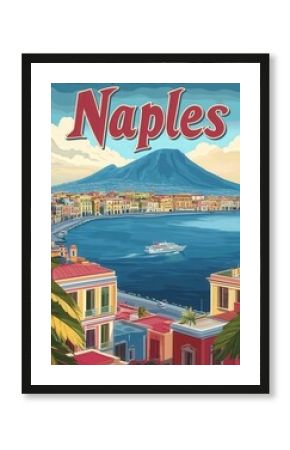 Experience the charm of Naples with vibrant buildings lining the coast against the backdrop of a majestic volcano. A serene boat floats on the sparkling blue waters, inviting exploration.