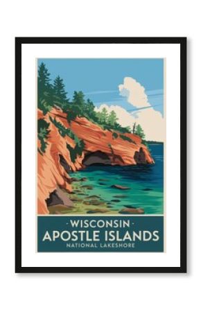 Vintage Travel Poster of Wisconsins Apostle Islands: Showcasing Majestic Cliffs, Crystal Clear Waters, and Lush Greenery of National Lakeshore Paradise