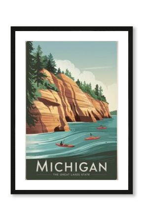 Vintage Travel Poster of Michigan: Kayakers Navigating the Great Lakes, Surrounded by Scenic Cliffs and Lush Forests â€“ Explore Natures Beauty!